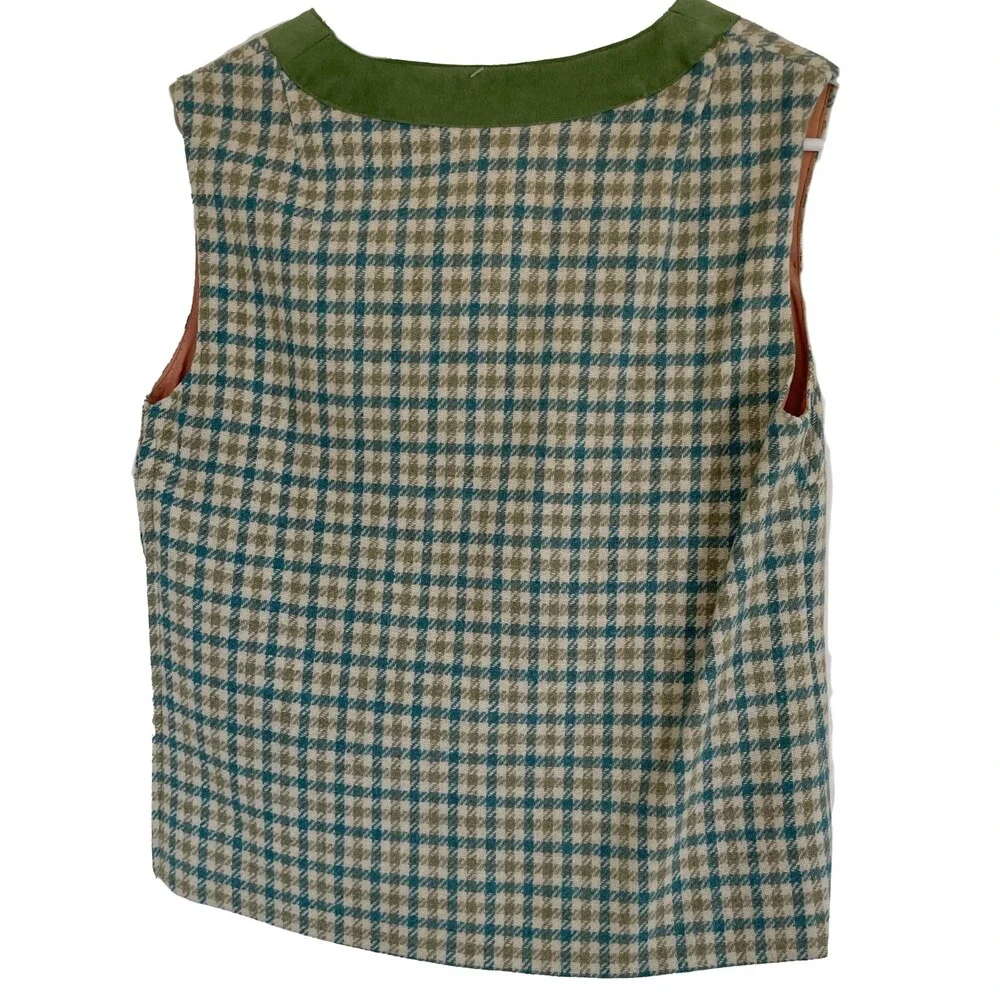 Vintage Wool Suede Green Sleeveless Checkered Pullover Vest Plaid Womens S/M - Picture 2 of 14